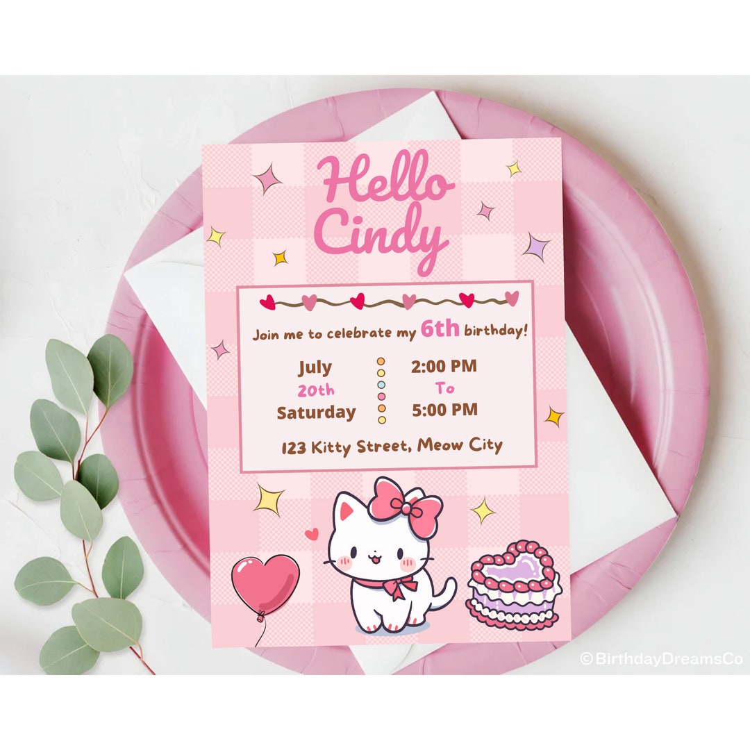 Editable Kitty Birthday Party Invitation Kitty and Friend Invitation