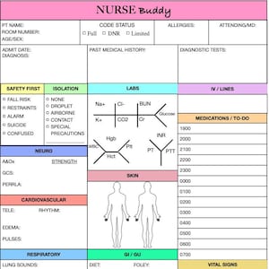 Könnte beinhalten: Ein rosa, blauer und grüner medizinischer Chart mit dem Titel "NURSE Buddy" und Abschnitten für Patienteninformationen, Vitalwerte, Medikamente und andere medizinische Details.
