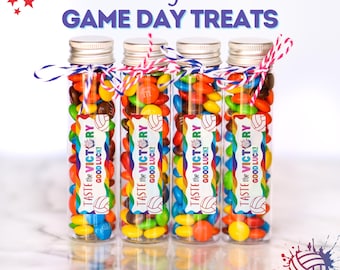 May include: Four clear glass tubes filled with colorful candy, each with a label that reads "TASTE the VICTORY GOOD LUCK!" and a volleyball graphic. The tubes are on a white surface with a red, white, and blue string tied around the top of each tube.