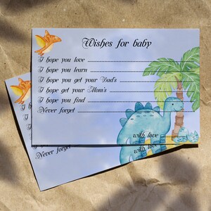 Gepersonaliseerde babyshower voorspellingskaarten | Babyshower wensen kaarten | blauwe baby verjaardagsfeestje | dinosaurussen feest | digitale kopie