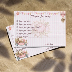 Tarjetas personalizadas de predicción de baby shower / tarjetas de deseos de baby shower oso / fiesta de cumpleaños de bebé rosa / copia digital