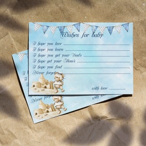 Personalisierte Baby Shower Vorhersagekarten | Baby Shower Wunschkarten | blaue Babygeburtstagsparty | Teddybär | Meer Party
