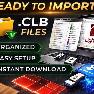 Puede incluir: Imagen promocionando archivos .CLB con el texto "READY TO IMPORT". Una computadora port&aacute;til muestra el logotipo de LightBurn. Otro texto incluye "ORGANIZADO", "CONFIGURACI&Oacute;N F&Aacute;CIL" y "DESCARGA INSTANT&Aacute;NEA". Tambi&eacute;n se ve una carpeta amarilla y varias unidades USB.
