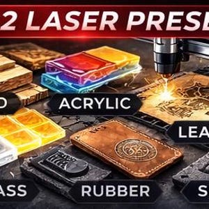 Puede incluir: Imagen que muestra preajustes de l&aacute;ser CO2 para diversos materiales. Incluye muestras de madera, acr&iacute;lico, vidrio, caucho, pizarra y cuero. La imagen destaca la precisi&oacute;n del l&aacute;ser en el grabado y corte.