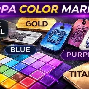 Puede incluir: Imagen que muestra varias etiquetas met&aacute;licas con diferentes colores y dise&ntilde;os. Las etiquetas est&aacute;n etiquetadas con colores como negro, dorado, azul, morado y titanio. El texto "MOPA COLOR MARKING" est&aacute; en la parte superior, con una paleta de colores en la parte inferior.