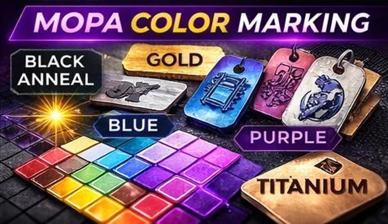 Puede incluir: Imagen que muestra varias etiquetas met&aacute;licas con diferentes colores y dise&ntilde;os. Las etiquetas est&aacute;n etiquetadas con colores como negro, dorado, azul, morado y titanio. El texto "MOPA COLOR MARKING" est&aacute; en la parte superior, con una paleta de colores en la parte inferior.