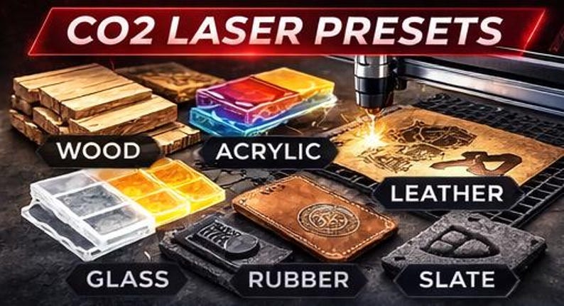 Puede incluir: Imagen que muestra preajustes de l&aacute;ser CO2 para diversos materiales. Incluye muestras de madera, acr&iacute;lico, vidrio, caucho, pizarra y cuero. La imagen destaca la precisi&oacute;n del l&aacute;ser en el grabado y corte.