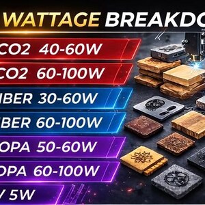 Puede incluir: Imagen de una m&aacute;quina de grabado l&aacute;ser con una tabla de "FULL WATTAGE BREAKDOWN". La tabla enumera los tipos de l&aacute;ser (CO2, Fiber, MOPA, UV) y sus rangos de potencia. Se muestran varias muestras grabadas en madera y metal.