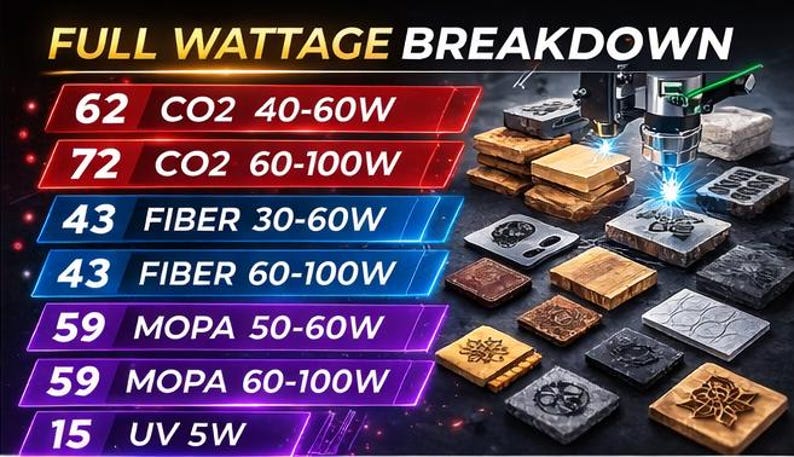 Puede incluir: Imagen de una m&aacute;quina de grabado l&aacute;ser con una tabla de "FULL WATTAGE BREAKDOWN". La tabla enumera los tipos de l&aacute;ser (CO2, Fiber, MOPA, UV) y sus rangos de potencia. Se muestran varias muestras grabadas en madera y metal.