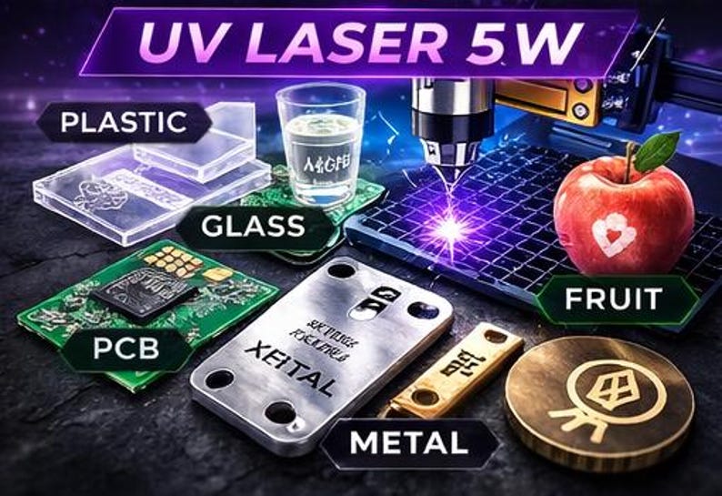 Puede incluir: Imagen que muestra el grabado l&aacute;ser UV en varios materiales. Incluye pl&aacute;stico, vidrio, PCB, metal y fruta. El l&aacute;ser est&aacute; grabando una manzana con un dise&ntilde;o de coraz&oacute;n. El texto "UV LASER 5W" se muestra en la parte superior.