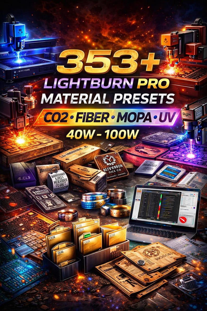 Puede incluir: Imagen que muestra materiales y preajustes de grabado l&aacute;ser. El texto "353+ LIGHTBURN PRO MATERIAL PRESETS CO2 FIBER MOPA UV 40W-100W" es visible. Se ven cajas, anillos y un ordenador port&aacute;til.