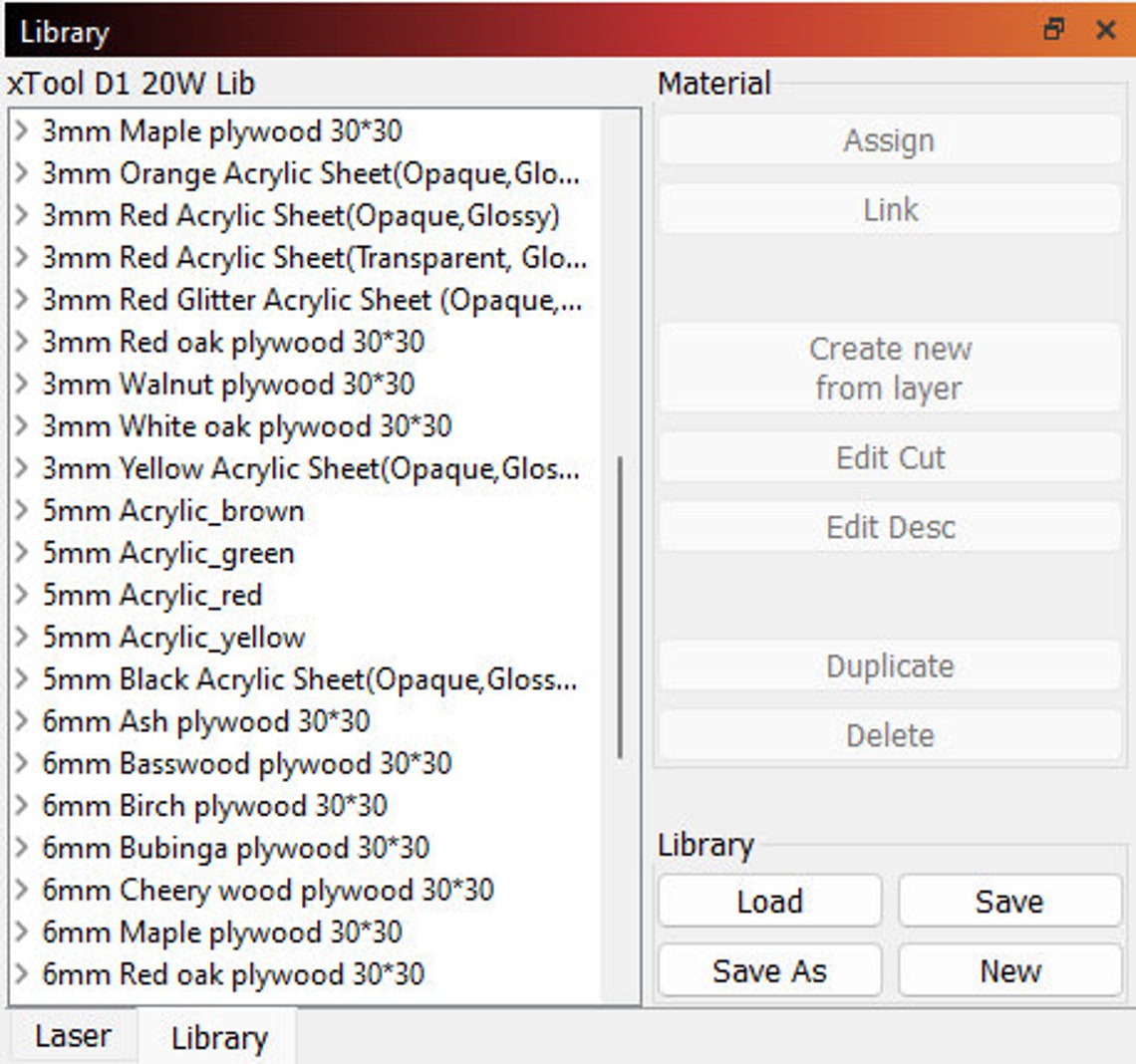 Xtool D1 & D1 Pro Laser Lightburn Material Library 20w Ready to Cut