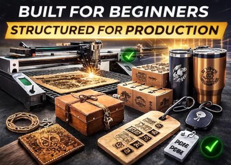Puede incluir: Una variedad de productos grabados con l&aacute;ser, incluyendo cajas de madera, vasos, llaveros y posavasos. La imagen muestra una m&aacute;quina de grabado l&aacute;ser en funcionamiento, con el texto "BUILT FOR BEGINNERS" y "STRUCTURED FOR PRODUCTION".