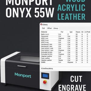 Op de afbeelding: Een witte en zwarte lasersnijder met de tekst "Monport Onyx 55W" op de voorkant. De machine is gelabeld met "Cut, Engrave, Raster" en heeft een scherm dat een materiaalbibliotheek weergeeft met opties voor Baltische berk, Rasswood, MDE, MDF, hardhout, gegoten acryl, geëxtrudeerd acryl, Vegstan-leer, Faus-leer, Vigstan-leer en diepte.