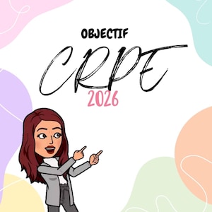 Op de afbeelding: Digitale illustratie met de tekst "OBJECTIF CRPE 2026" en een stripfiguur die wijst. De achtergrond heeft pastelkleuren roze, paars en teal. De illustratie is gesigneerd door Pauline Krumm.