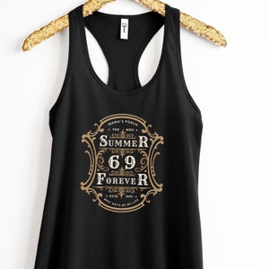 Summer of '69 Musik Tank Top - 80er Jahre Pop Vintage Frauen Racerback - Retro Schwarz & Silber viktorianisches Logo Klassisches Design - Geschenk für Musikliebhaber