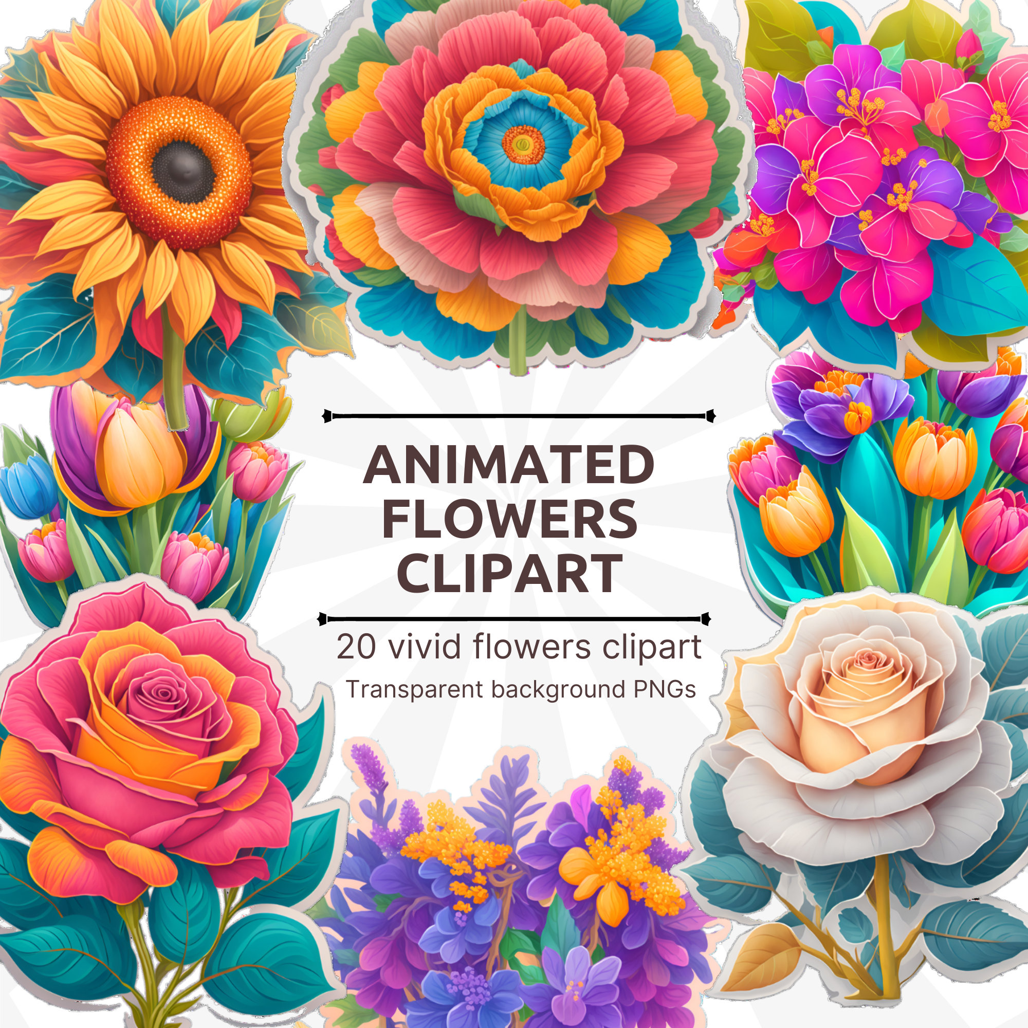 Cute Animated Flowers Clipart Set 20 Vivid Colors Flowers Etsy