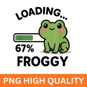 Puede incluir: Gráfico de dibujos animados con una rana verde con mejillas rosadas. El texto dice "LOADING... 67% FROGGY" encima de la rana y "PNG HIGH QUALITY" debajo. La rana está al lado de una barra de carga.