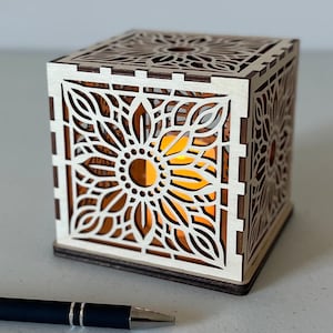 Personalized Mini Sunflower Memorial Wooden Lantern, Anniversary Wedding Gift, Custom LED Floral Night Light, Farmhouse Home Decor Luminary