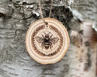 Engraved Wooden Bee Ornament, Live Edge Christmas Decor, Small Rustic Honeybee Pendant Charm