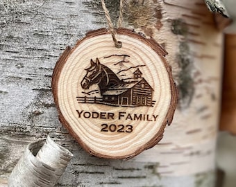Personalized Wooden Horse Farm Ornament, Live Edge Christmas Decor, Small Engraved Rustic Horse Pendant Charm