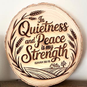 May include: A round wooden sign with the text "In Quietness and Peace is my Strength" and the Bible verse Isaiah 30:15. The sign features a wheat and field design, with a house and tree illustration. The wood has a natural grain.