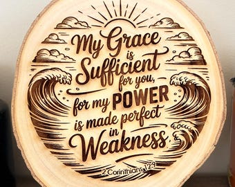 My Grace is Sufficient Wood Sign, 2 Corinthians 12:9 Bible Verse Plaque, Christian Wall Decor, Religious Shelf Accent, Rustic Home Art