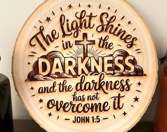 John 1:5 Wood Sign, Christian Cross Wall Decor, 'Light Shines in the Darkness', Rustic Bible Verse Gift, Round Scripture Shelf Art Accent