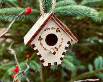 Bird House Ornament - Handcrafted 3D Christmas Mini Holiday Tree Ornament or Wooden Craft Decor Art Miniature