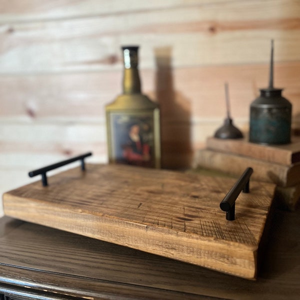 Handcrafted Wood Serving Tray with Handles - Rustic Serving Board Gift, Decorative Modern Farmhouse Chic Tiered Display, Wooden Plant Riser