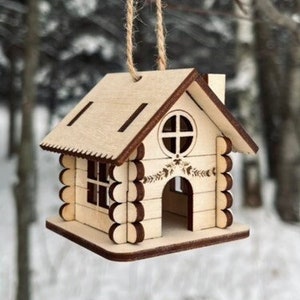 Adorno de cabaña de troncos: adorno de árbol de Navidad en miniatura en 3D hecho a mano o decoración artesanal de madera en miniatura