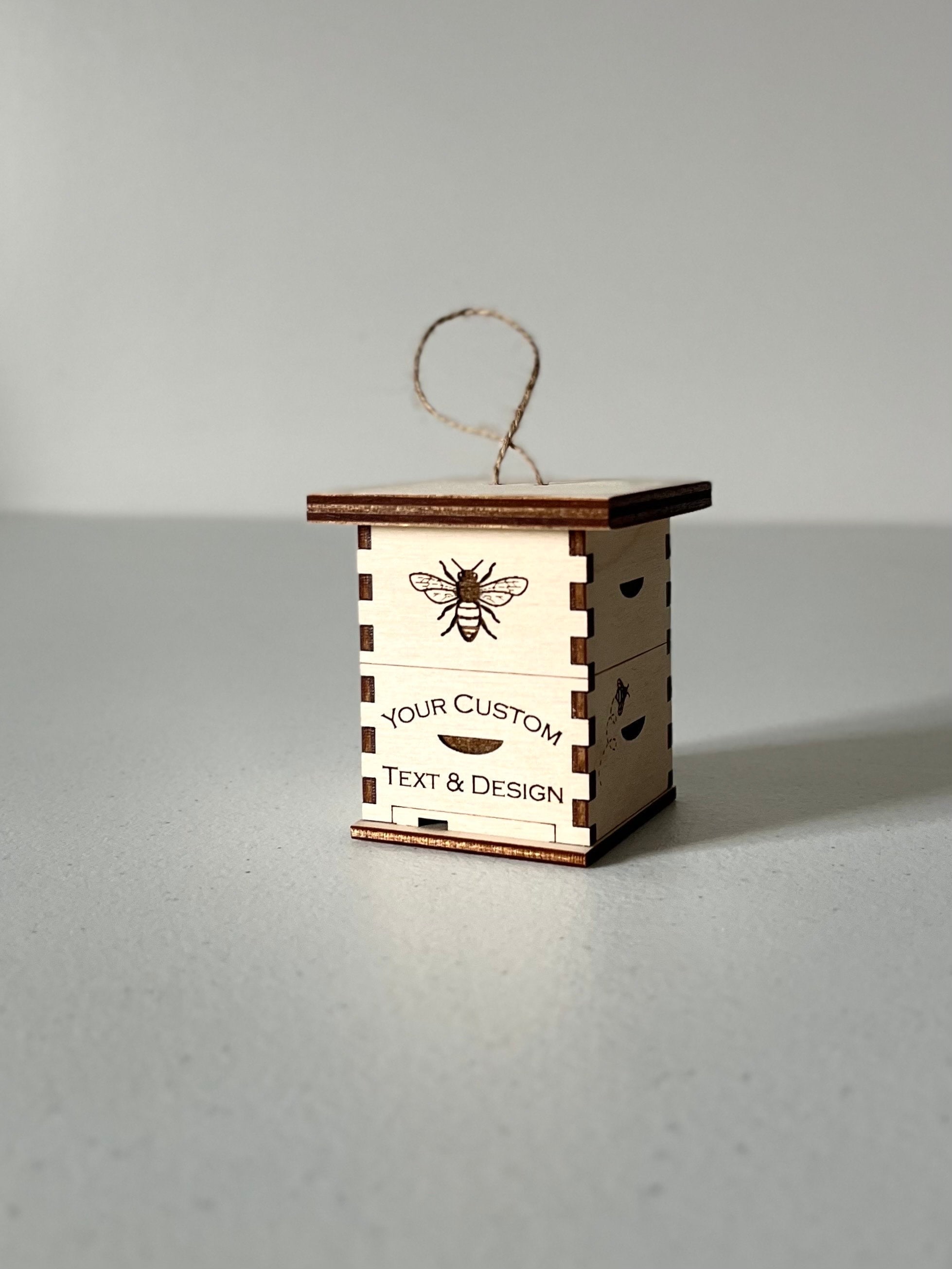 Custom Mini Beehive Ornament – Personalized with Farm Name or Logo | Apiary Gift for Beekeeper | Handmade Wooden Bee Box for Honeybee Lovers