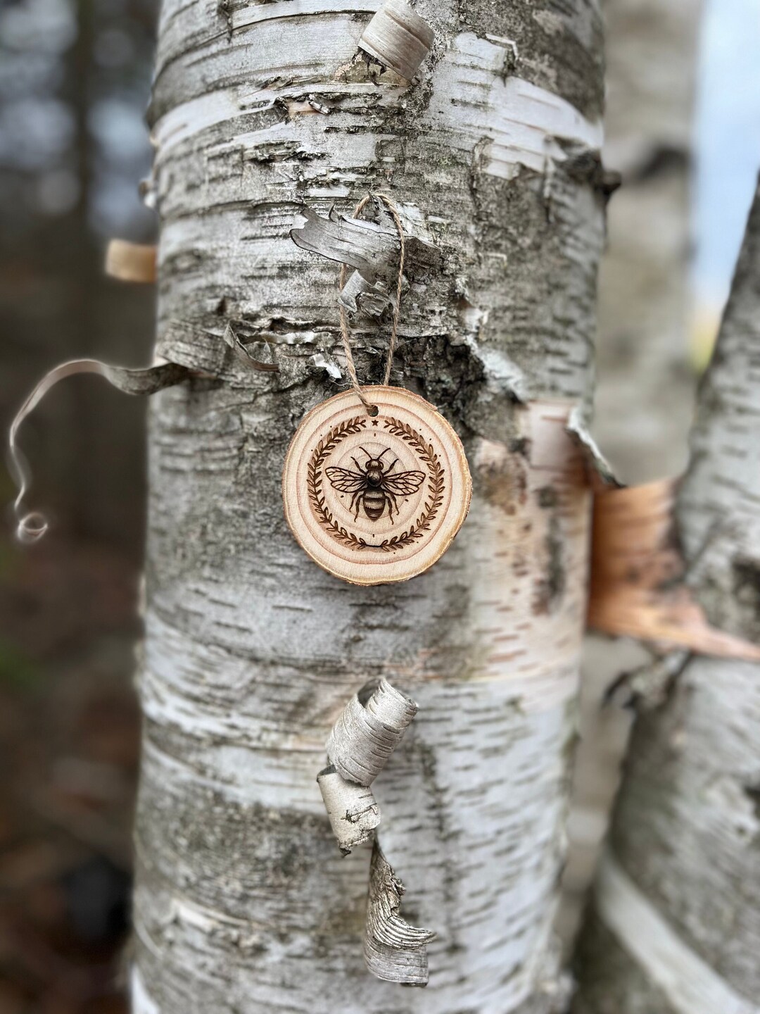 Engraved Wooden Bee Ornament, Live Edge Christmas Decor, Small Rustic