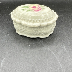 Vintage Ceramic Jewelry Trinket Box with Lid Floral Top