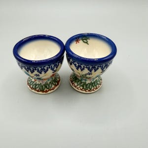 Ceramic egg cups, Polish Pottery, hand-painted floral pattern