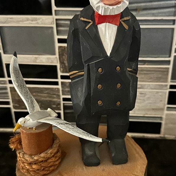 Captain Fisherman Sailor Figurine Hand Carved Wooden Nautical Seagull Vintage