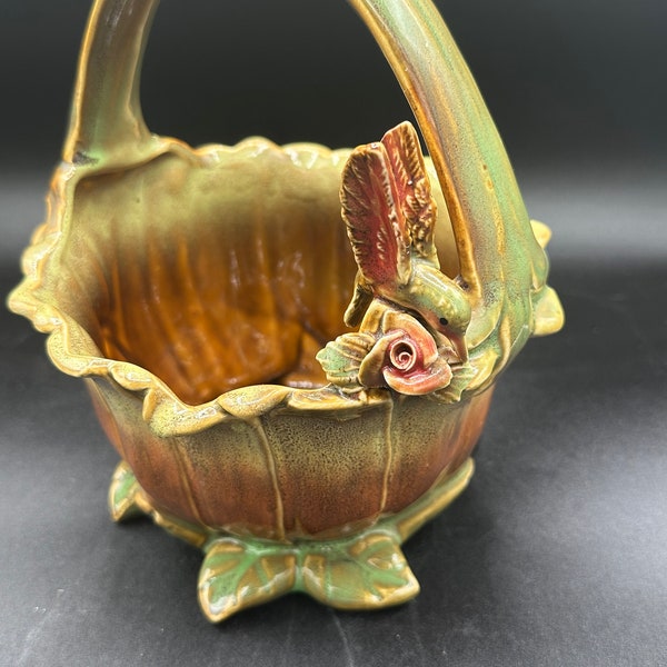 Vintage Hummingbird Green Brown Planter Ceramic Basket