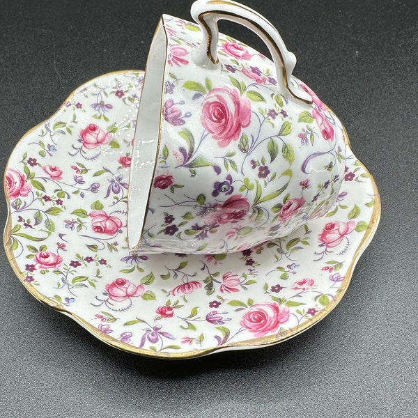 Vintage Chintz Teacup and saucer set/bird feeder - Rosina chintz Rosebuds Made in England...