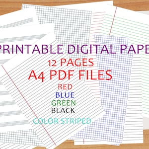 Printable Lined Paper Graph Paper PDF.   Grid Paper.musical note paper,black, red, blue, green color A4 PDF printable paper download now