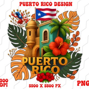 Op de afbeelding: Een levendig Puerto Rico-ontwerp met een turquoise gebouw, een wapperende vlag en een grote rode hibiscusbloem. Het ontwerp bevat de tekst "Puerto Rico" in goud, omringd door tropische bladeren en een kleine kikker.