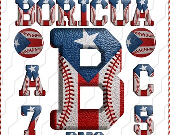 Puerto Rico Flag Alphabet PNG Bundle, Boricua Baseball Letters (Digital Download)