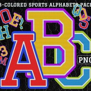 3x sportalfabet met reliëf, png-bundel, AZ, cijfers en symbolen, kleurrijke 3D-letters, clipart, lettertype kinderspel, scrapbooking, digitale download