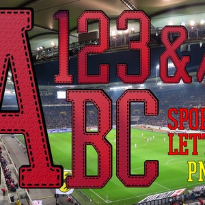 May include: Red leather-style letters in a sports font, including the letters A, B, C, and the numbers 1, 2, 3, and symbols &, /, and ?. The letters are superimposed on a photo of a soccer stadium with a green field and a crowd of people in the stands. The text "SPORTS LETTERS PNG" is below the letters.