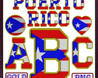 Bandeira de Porto Rico, alfabeto, PNG, clipart: letras emolduradas em ouro (download digital)