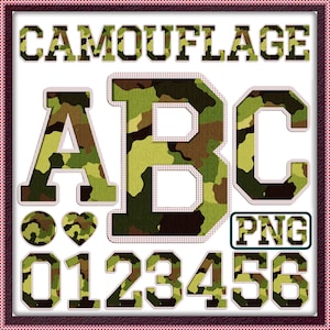 Camo-lettertype PNG-bundel: militair alfabet en cijfers clipart (digitale download)