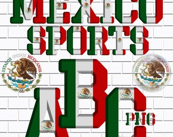 Könnte beinhalten: Bild mit den Worten "MEXICO SPORTS" in 3D-Schrift, in den Farben der mexikanischen Flagge: Grün, Weiß und Rot. Die Buchstaben "A", "B" und "C" sind ebenfalls im gleichen Stil, mit einer "PNG"-Grafik.