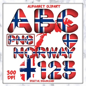 Norwegen Flagge Alphabet & Zahlen PNG Clipart, A-Z Buchstaben, 0-9 Ziffern, Herz und Globus Flagge, Norwegen Karte svg, Norwegen bereit Design, digitaler Download