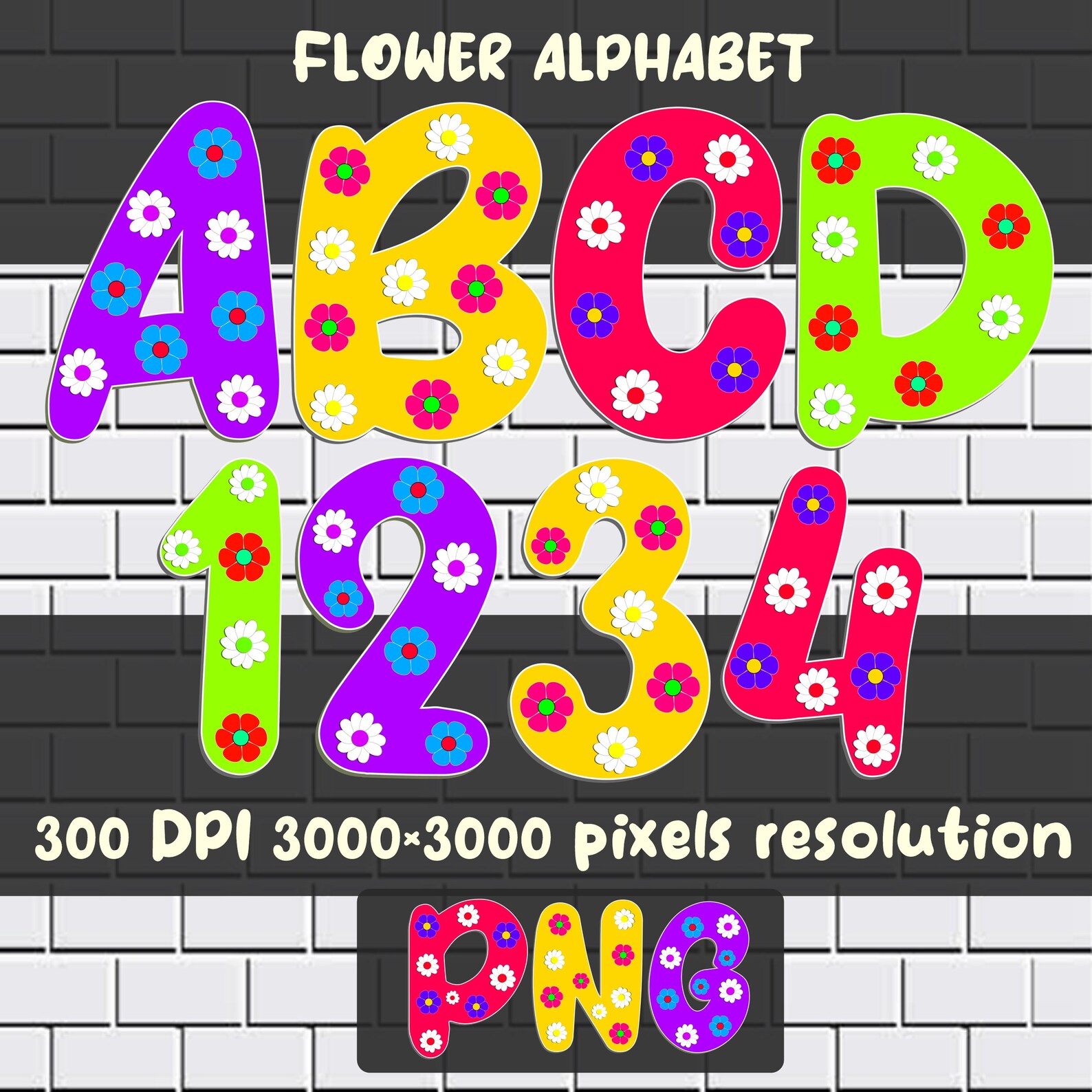 Floral Alphabet Bundle PNG | 4 Colored A-Z Sets + Numbers | 14 Flowers ...