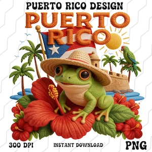 May include: A digital illustration featuring a green frog wearing a straw hat, resting on a red hibiscus flower. The Puerto Rican flag and text "Puerto Rico Design" are visible, along with a parrot, palm trees, and a sun.