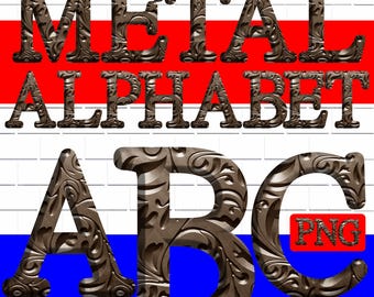 May include: Metal alphabet letters in a decorative font with a brown metallic finish. The letters are set against a red, white, and blue background. The letters A, B, and C are shown in a larger size.